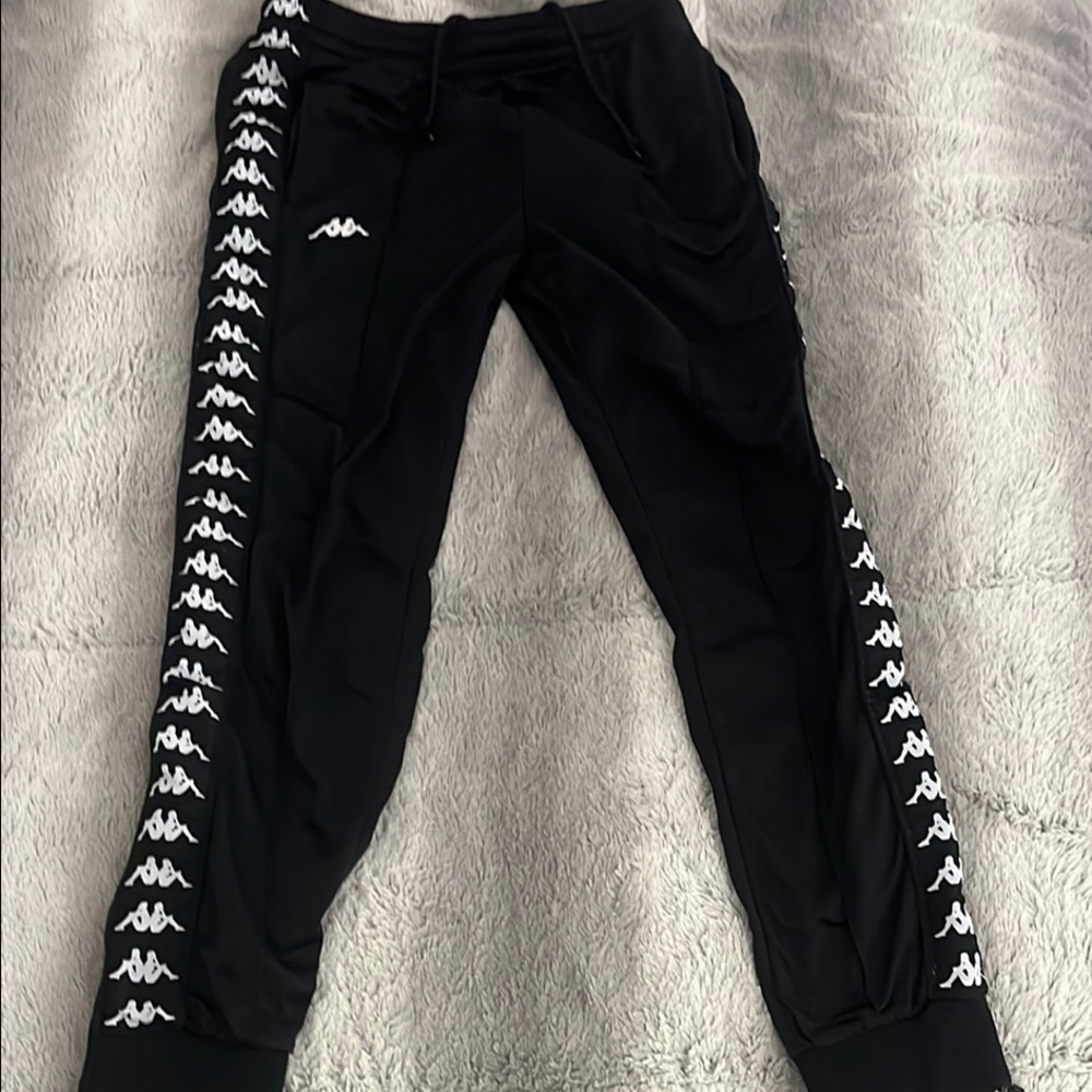 Mens Kappa 222 Black Slim fit Jogger sweatpants White logo Stripe & middle pleat